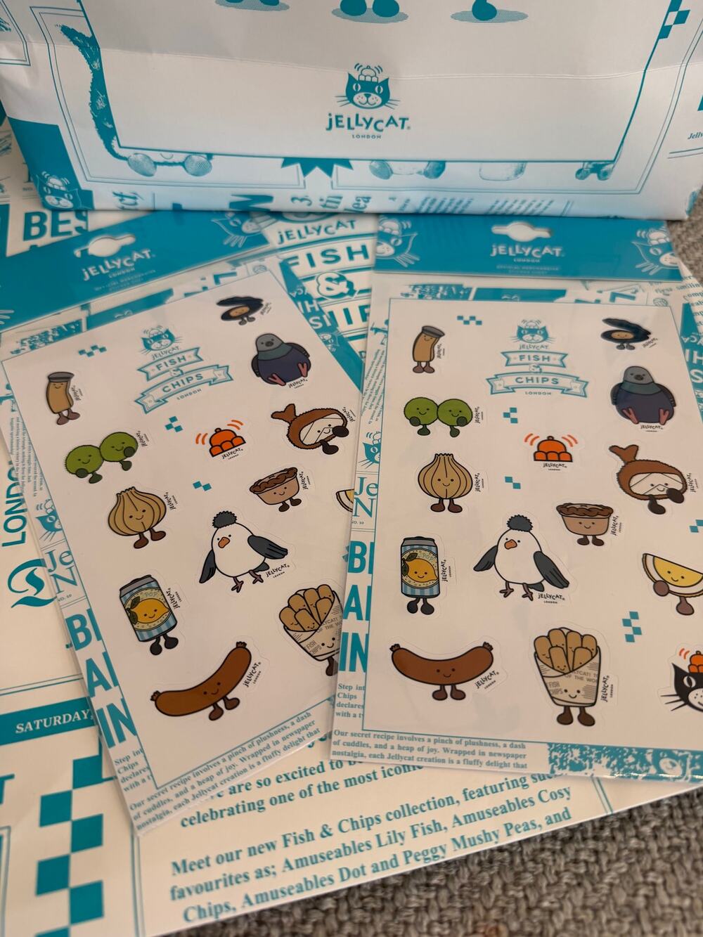 Jellycat Selfridges Exclusive Sticker Sheet Fish Chips London- Set of 2